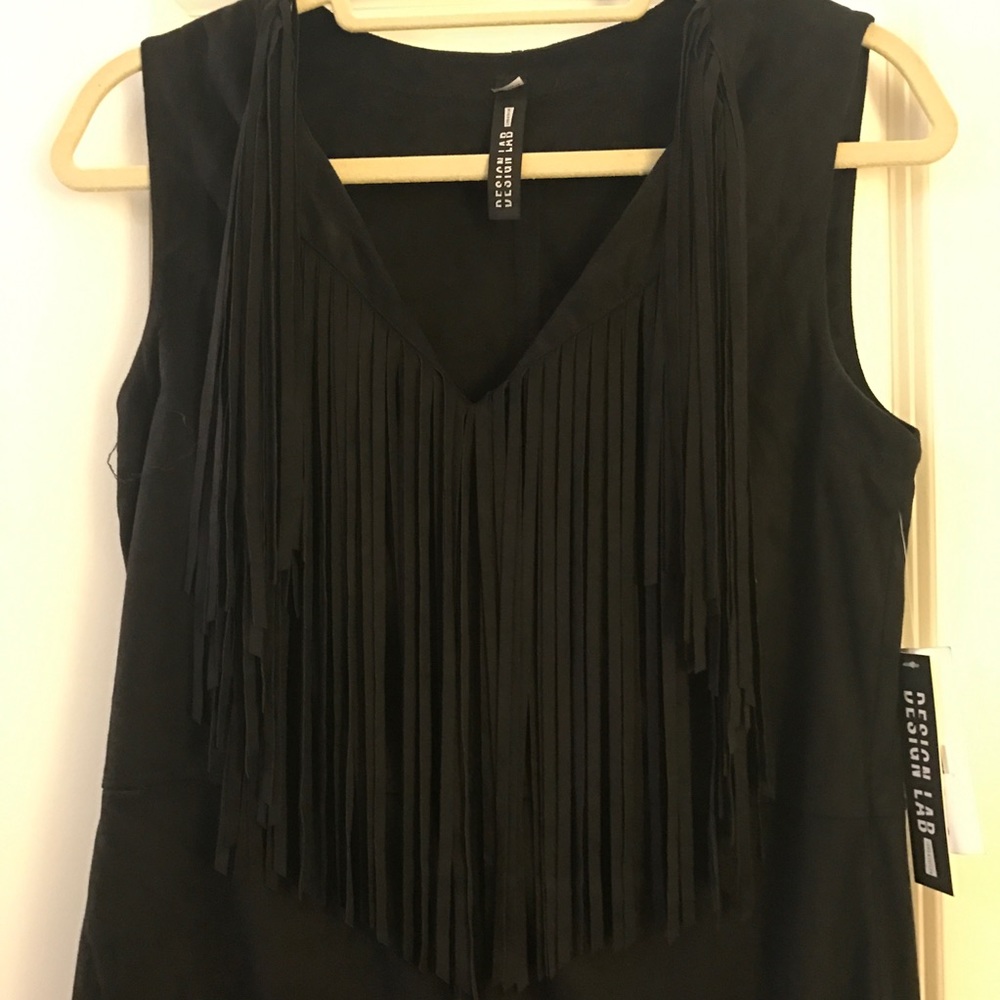 Black faux suede fringe dress NWT